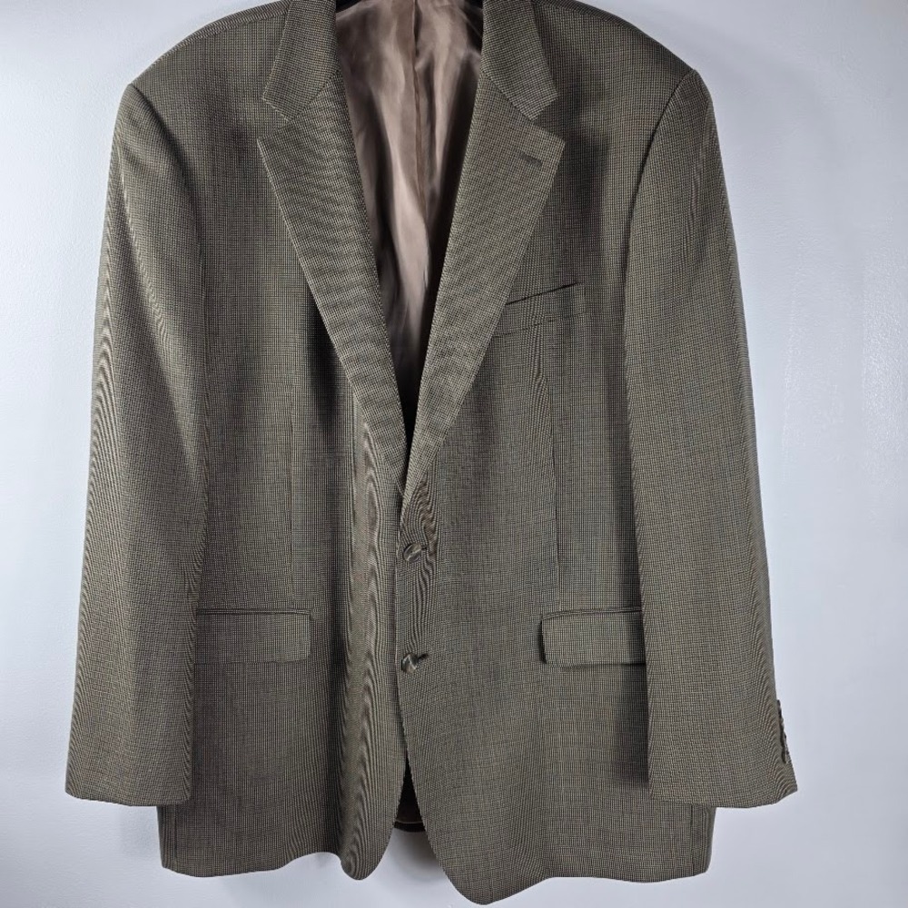 Chaps Mens Blazer Jacket 48L Brown Houndstooth Wool Blend Two Button
